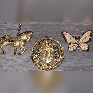 Set of 3 BROOCHES, Vintge Ivana Trump Medallion, Merry Go Round Horse, Butterfly